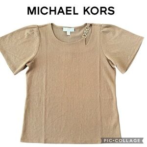 Michael Kors gold logo cutout neckline brown top size M NWT $110